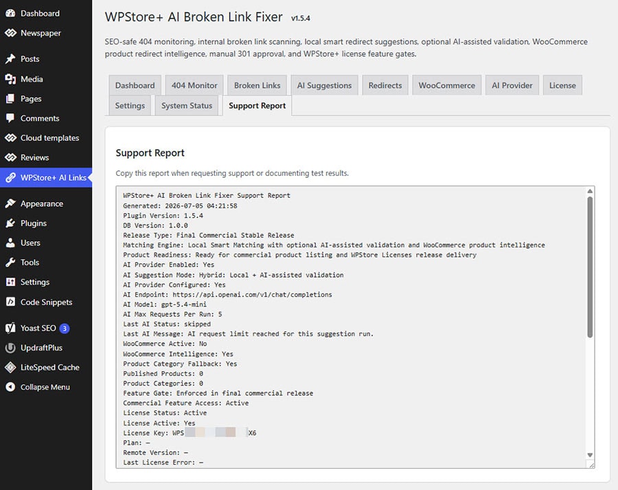 Support report for WPStore+ AI Broken Link Fixer