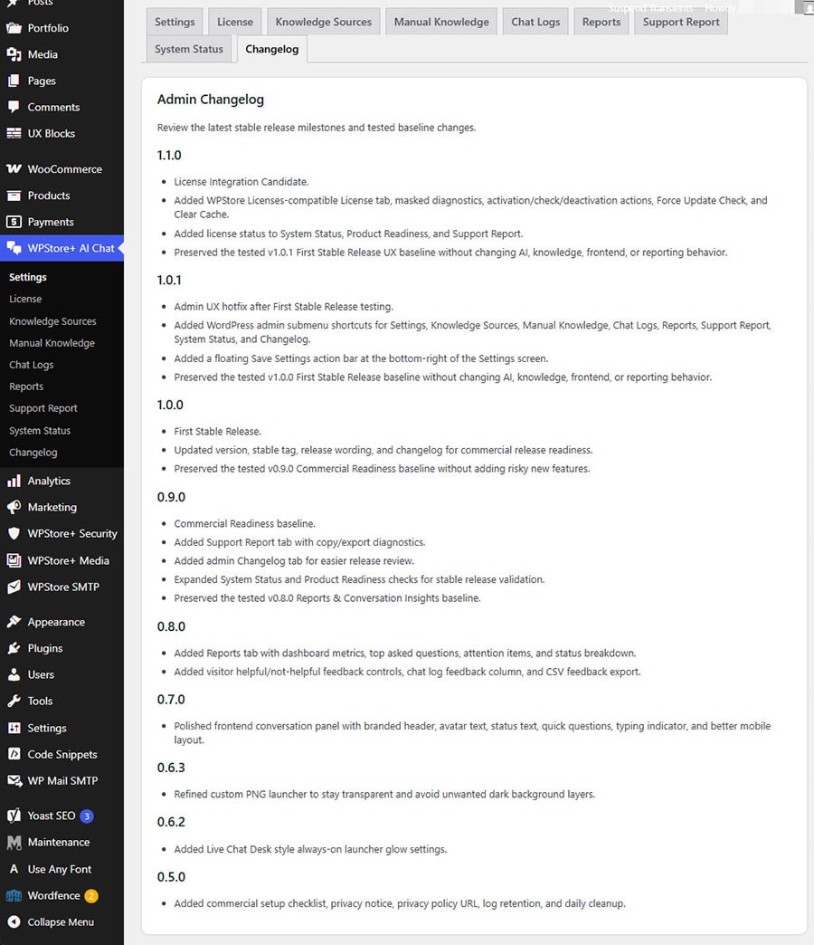 Changelog tab showing WPStore+ AI Live Chat Assistant release history.