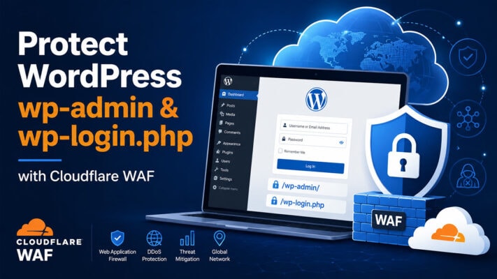 Illustration of WordPress wp-admin and wp-login.php protected by Cloudflare WAF with a security shield, firewall, and login protection elements.