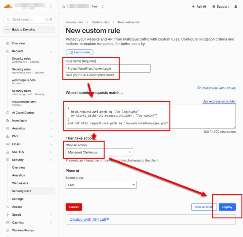 Cloudflare Security Rules page showing the Custom Rules menu used to create a WAF rule for protecting WordPress login and admin pages.