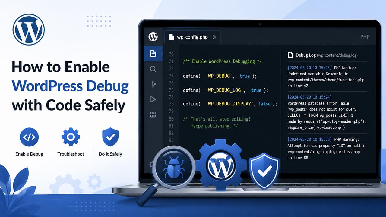 Illustration of a WordPress debug tutorial showing wp-config.php code, WP_DEBUG settings, debug log messages, and safety icons for troubleshooting WordPress errors.