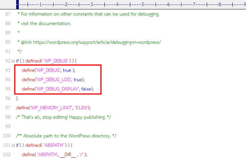 wp-config.php file showing WP_DEBUG, WP_DEBUG_LOG, and WP_DEBUG_DISPLAY constants added to enable WordPress debug logging safely.