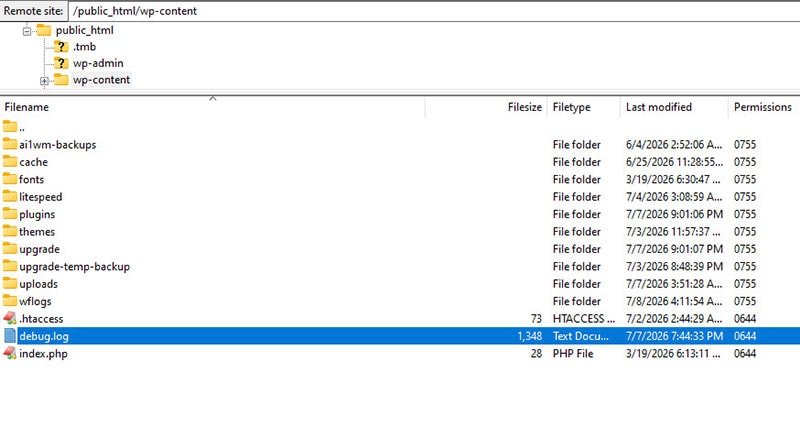 FTP file manager showing the WordPress wp-content folder with the debug.log file created after enabling WordPress debug logging.