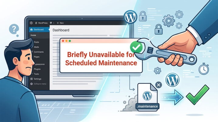 A conceptual illustration showing how to fix the briefly unavailable for scheduled maintenance error in WordPress by removing the .maintenance file.