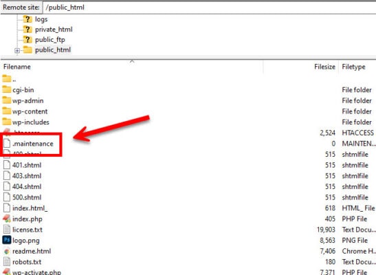 A screenshot showing an FTP client interface with a red arrow pointing to the hidden .maintenance file inside the public_html directory, which must be deleted to fix the WordPress maintenance error.