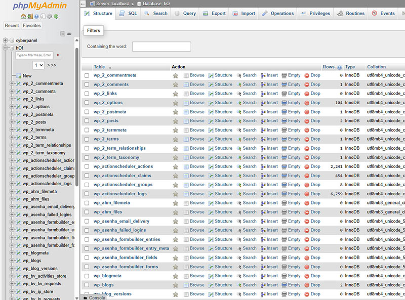 Hosting control panel showing database management and phpMyAdmin options for checking the WordPress database server