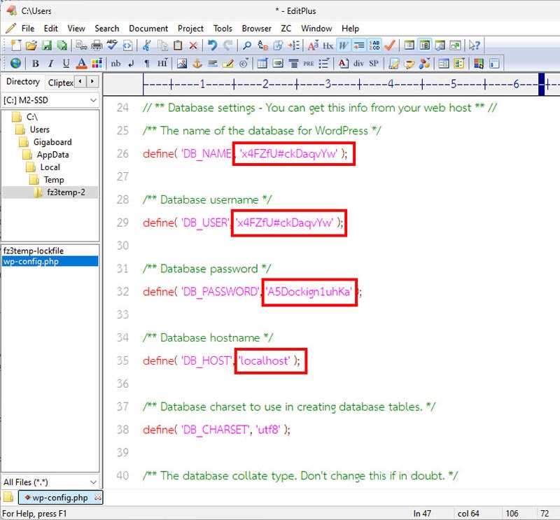 WordPress wp-config.php file showing the DB_NAME, DB_USER, DB_PASSWORD, and DB_HOST database settings