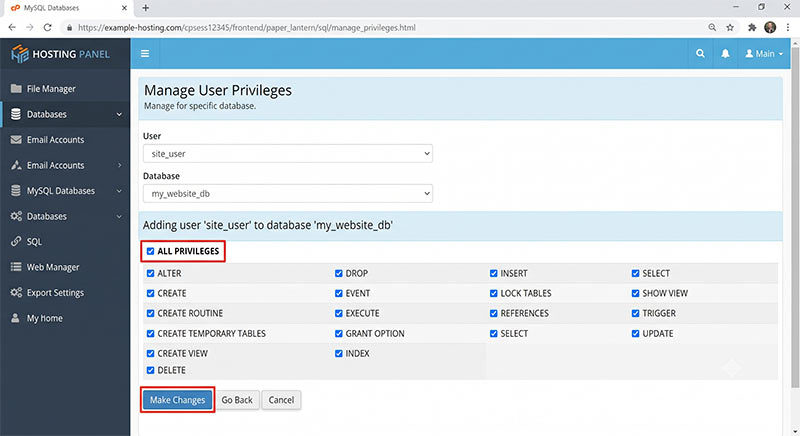 MySQL database user permissions showing All Privileges enabled for a WordPress database