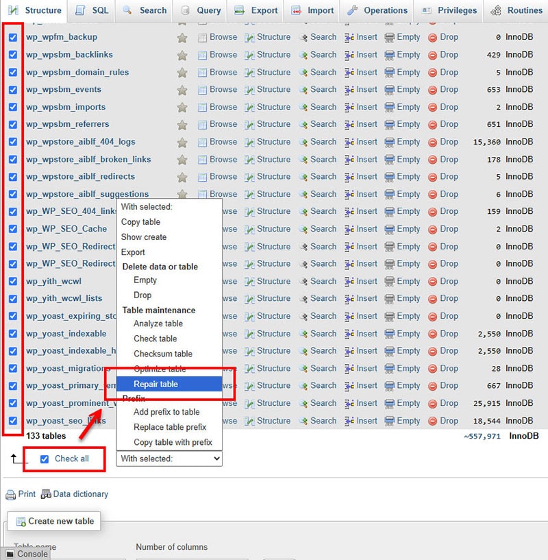 phpMyAdmin showing WordPress database tables including wp_options, wp_posts, wp_users, and wp_postmeta