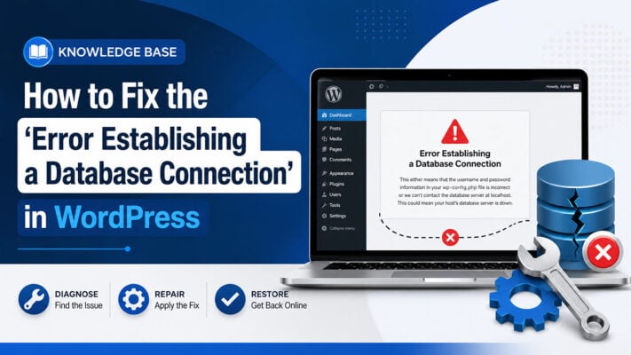 WordPress database connection error with a broken database icon and troubleshooting tools