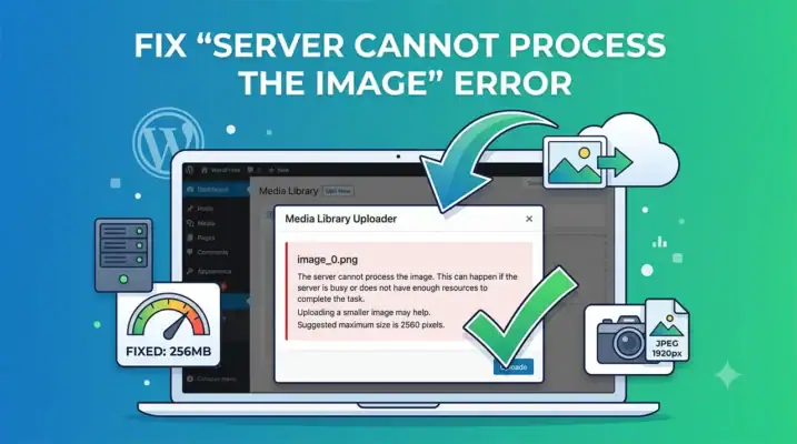 Featured graphic illustration for a WordPress tutorial explaining how to fix the server cannot process the image error. A laptop displays a media library uploader popup with an error notification. Surrounding elements include a green checkmark, memory gauge showing 256MB limit, server icon, JPEG file camera badge, cloud transfer arrows, and clean modern gradient background for technical troubleshooting article documentation.