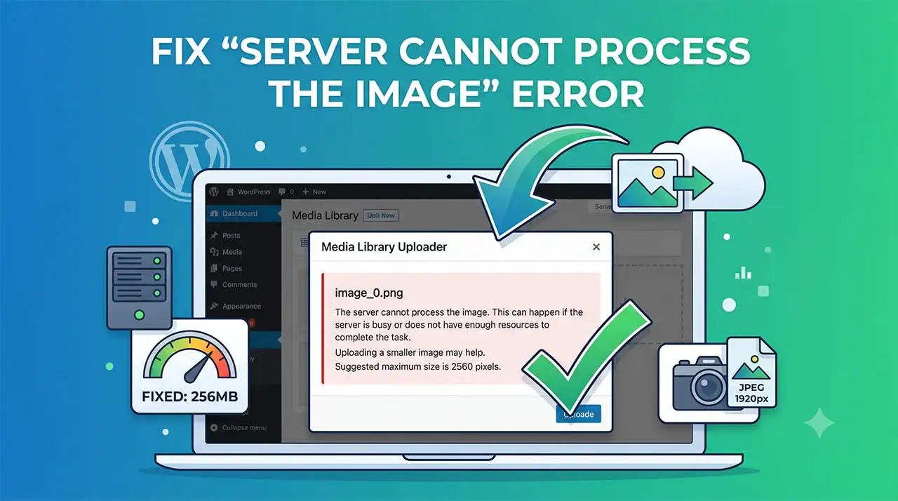 Featured graphic illustration for a WordPress tutorial explaining how to fix the server cannot process the image error. A laptop displays a media library uploader popup with an error notification. Surrounding elements include a green checkmark, memory gauge showing 256MB limit, server icon, JPEG file camera badge, cloud transfer arrows, and clean modern gradient background for technical troubleshooting article documentation.