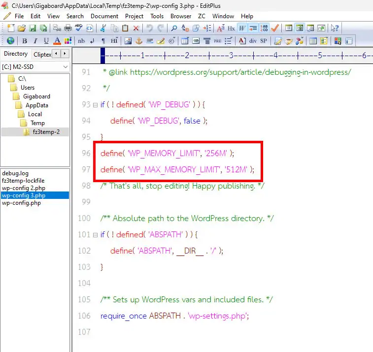 The screenshot shows the EditPlus text editor opening the wp-config.php file of a WordPress website to troubleshoot image upload errors. Two key PHP lines are highlighted in red: `define( 'WP_MEMORY_LIMIT', '256M' );` and `define( 'WP_MAX_MEMORY_LIMIT', '512M' );`. These lines temporarily increase the amount of RAM allocated to the WordPress system, providing the server with sufficient resources to process large image files and preventing the "The server cannot process the image" error during upload to the backend.