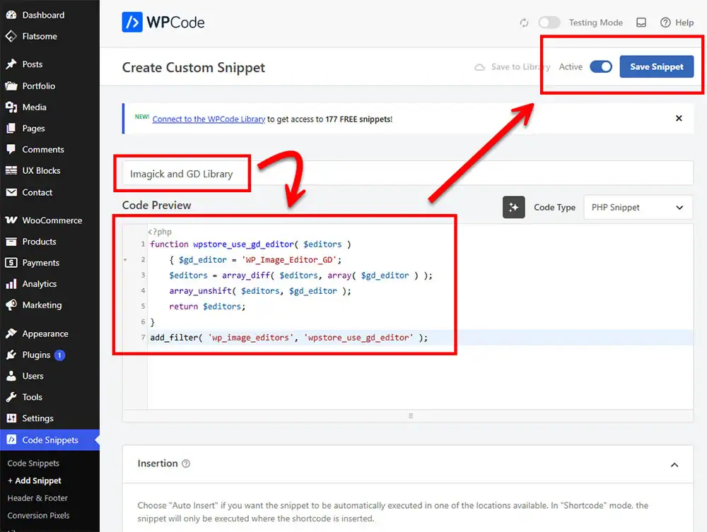 The screenshot of the WPCode menu in the WordPress backend shows the steps to create a custom snippet to switch the image processing library from Imagick to the GD Library. Three key points are highlighted in red: 1. Naming the snippet "Imagick and GD Library"; 2. The PHP snippet code input field, using the `wpstore_use_gd_editor` function with the command `add_filter('wp_image_editors', 'wpstore_use_gd_editor');` to force the system to use the GD Editor for resizing and manipulating images; and 3. Enabling the GD switch with a blue "Save Snippet" button to save the settings and resolve server image processing issues.