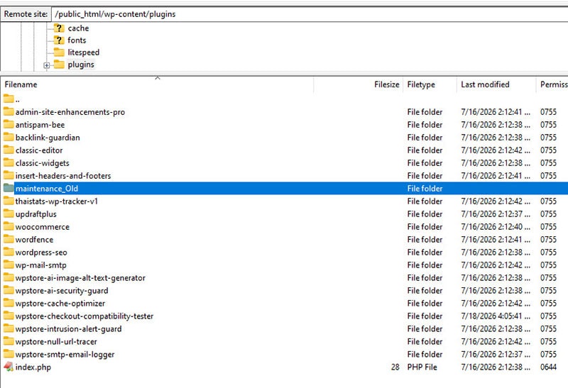 An FTP client interface showing the wp-content/plugins directory where a specific plugin folder has been renamed to bypass and fix the WordPress update failed error.