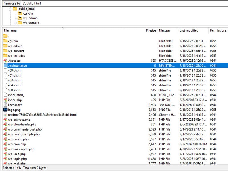 An FTP client interface highlighting the .maintenance file in the public_html root directory, which must be deleted to unlock the site and fix the WordPress update failed error.