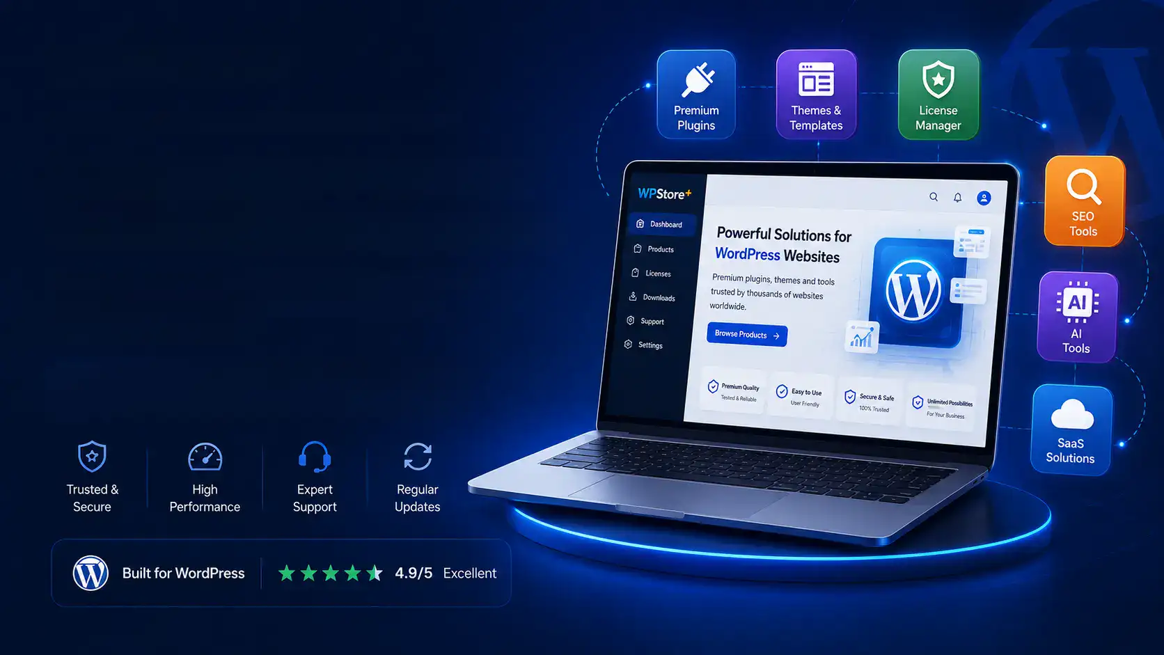 A laptop displaying the WPStore+ website resting on a glowing blue podium, surrounded by floating service icons such as Premium Plugins, Themes & Templates, SEO Tools, and AI Tools, arranged in a wide horizontal layout optimized for desktop screens.