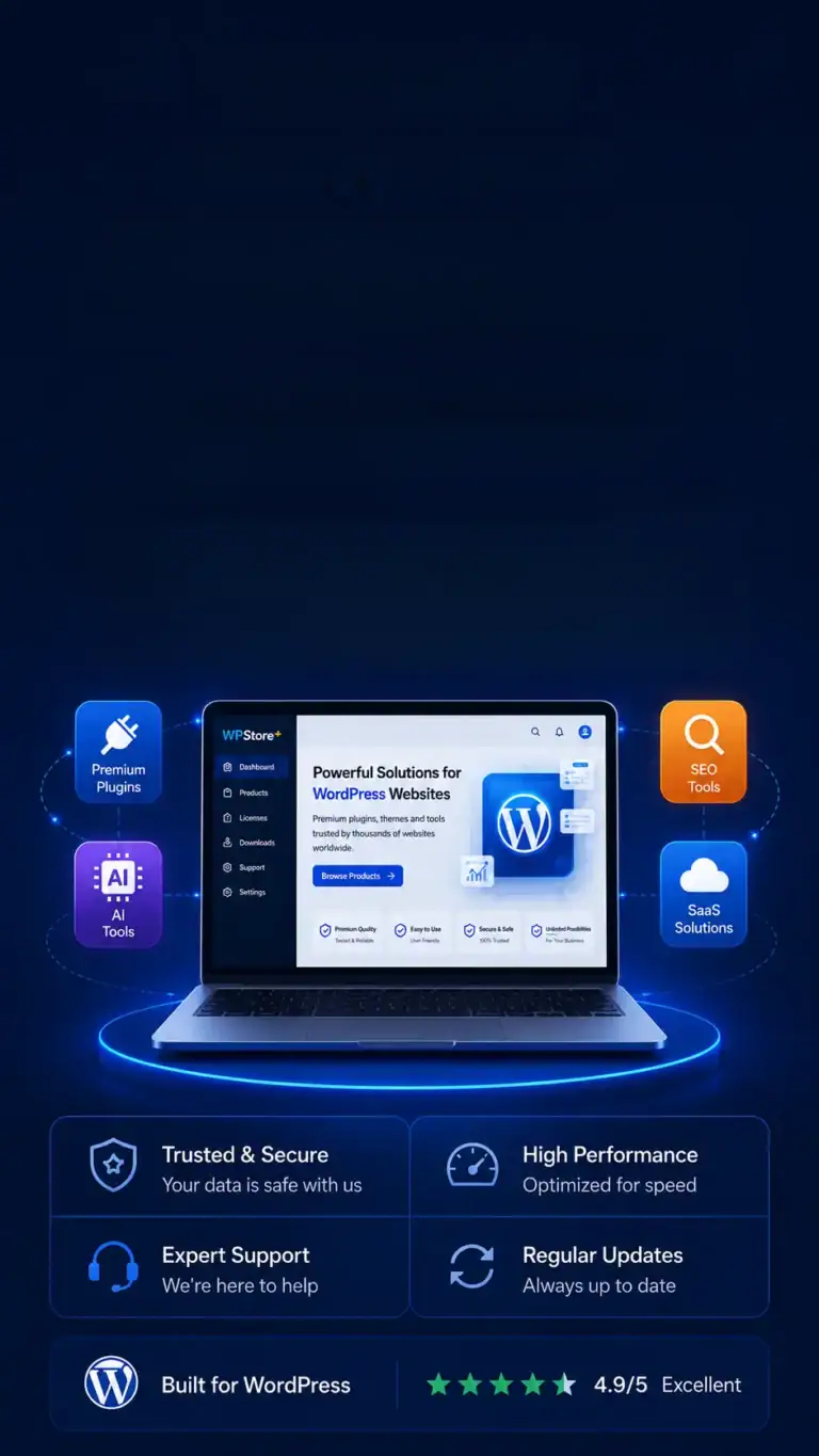 A promotional graphic for WPStore+ featuring a WordPress plugin and theme hub on a laptop screen, accompanied by service icons and a 4.9 out of 5-star rating badge. All elements are neatly stacked in a vertical layout for optimal readability on mobile smartphone screens.