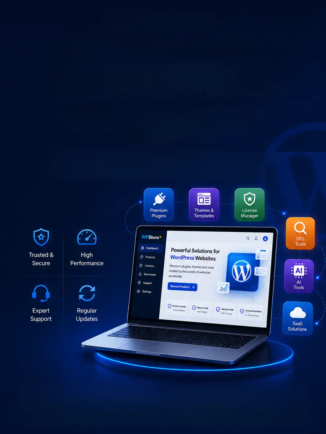 A laptop showing the WPStore+ homepage, encircled by floating feature icons and service badges like Trusted & Secure. The layout elements are adjusted into a narrower, semi-vertical format to perfectly fit tablet screen proportions.