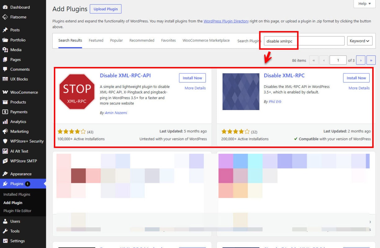 The WordPress backend screen in the Add Plugins section displays search results for "disable xmlrpc," highlighting the Disable XML-RPC-API and Disable XML-RPC plugins in red, ready for installation.