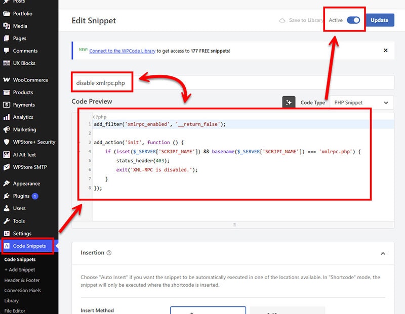 The Code Snippets plugin editing window on WordPress displays the PHP code for `add_filter` and `add_action` to disable xmlrpc.php, with arrows and a red frame highlighting the menu section, code name, and activate button.