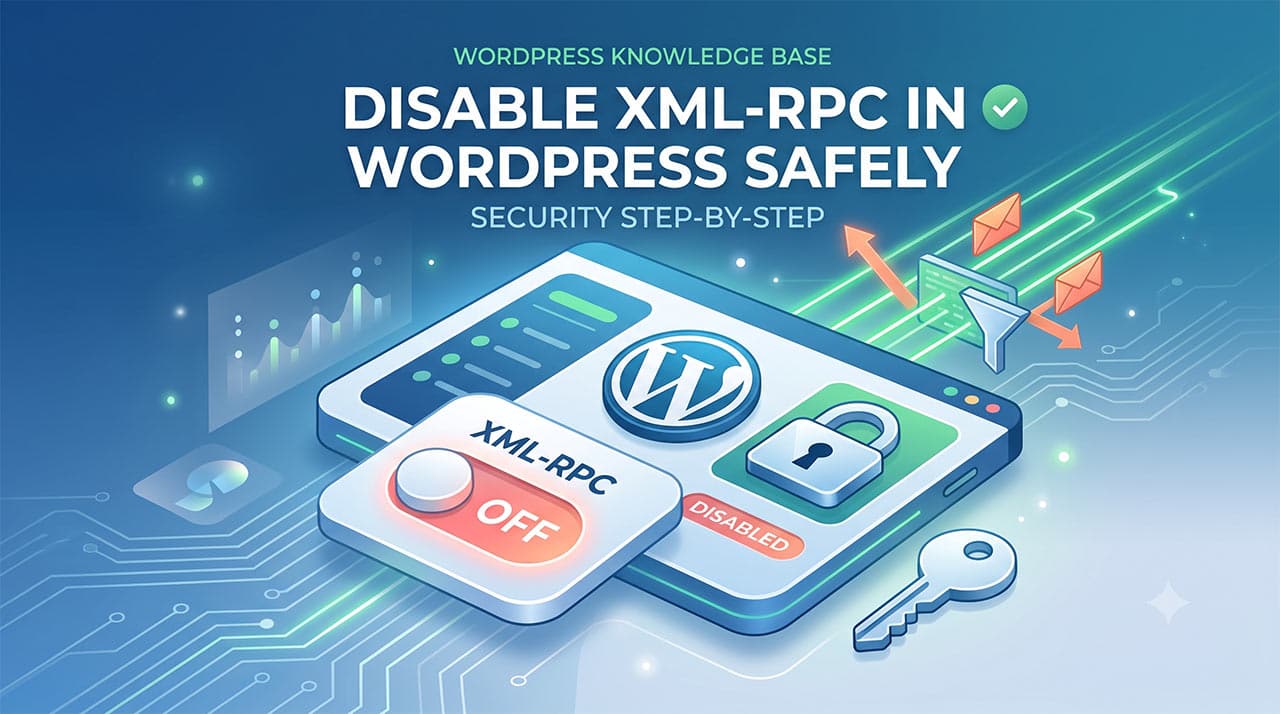 The featured digital illustration for the article 'How to Disable XML-RPC in WordPress Safely' on the 'WordPress Knowledge Base' shows a virtual control panel with an XML-RPC toggle switch turned off (OFF) next to the WordPress logo and a padlock icon indicating the status 'DISABLED' under the heading SECURITY STEP-BY-STEP, along with security elements such as a key and data filters, in a blue and green technology style.