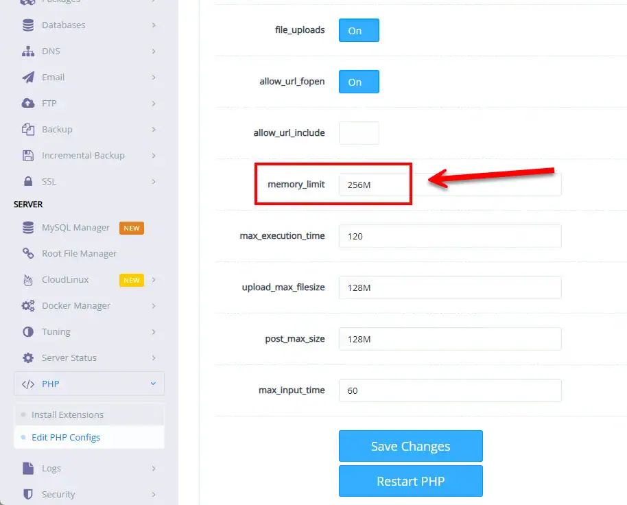 A web hosting control panel interface showing the PHP configuration settings, highlighting how to change the memory_limit value to 256M.