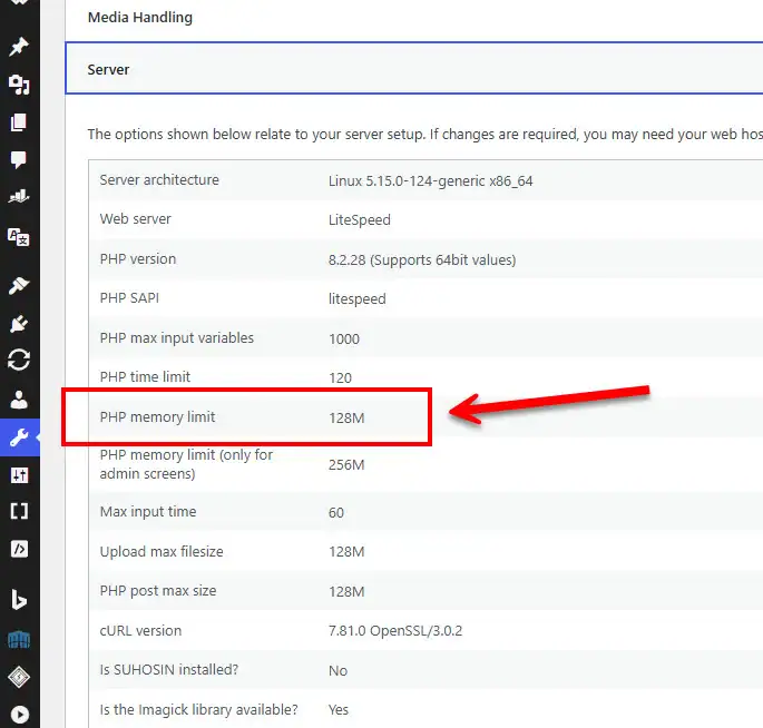 A screenshot of the WordPress Site Health dashboard under the Server information tab, featuring a red box and arrow highlighting the current PHP memory limit to verify successful configuration changes.