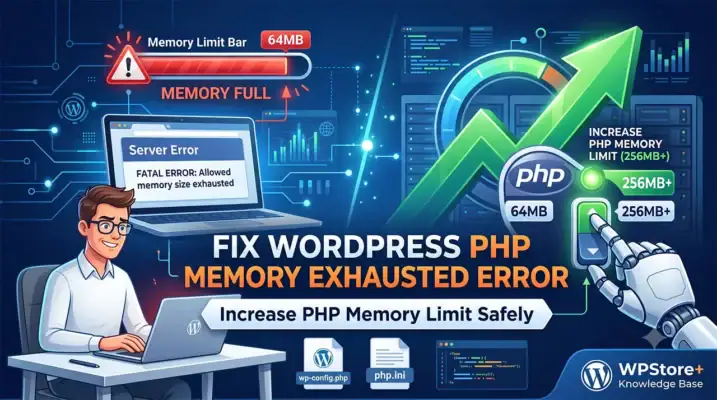 A professional infographic illustrating how to safely increase the WordPress PHP memory limit to fix the fatal 'Allowed memory size exhausted' error using wp-config.php or php.ini files, for the WPStore+ Knowledge Base.