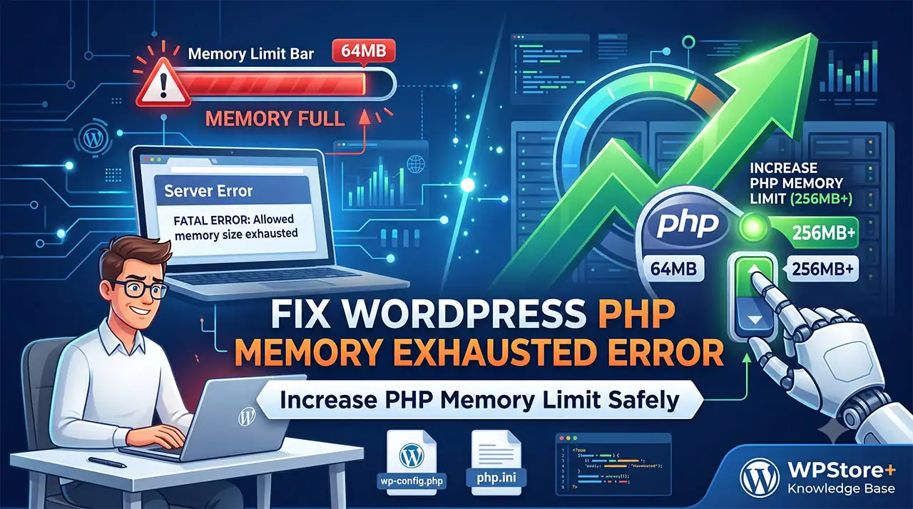 A professional infographic illustrating how to safely increase the WordPress PHP memory limit to fix the fatal 'Allowed memory size exhausted' error using wp-config.php or php.ini files, for the WPStore+ Knowledge Base.