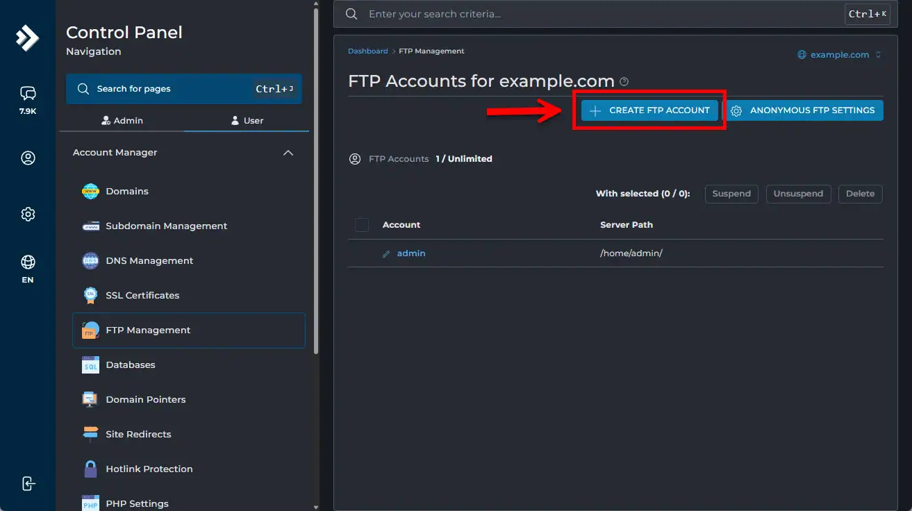 Web hosting control panel interface showing the FTP Management section with a red box and arrow highlighting the Create FTP Account button.