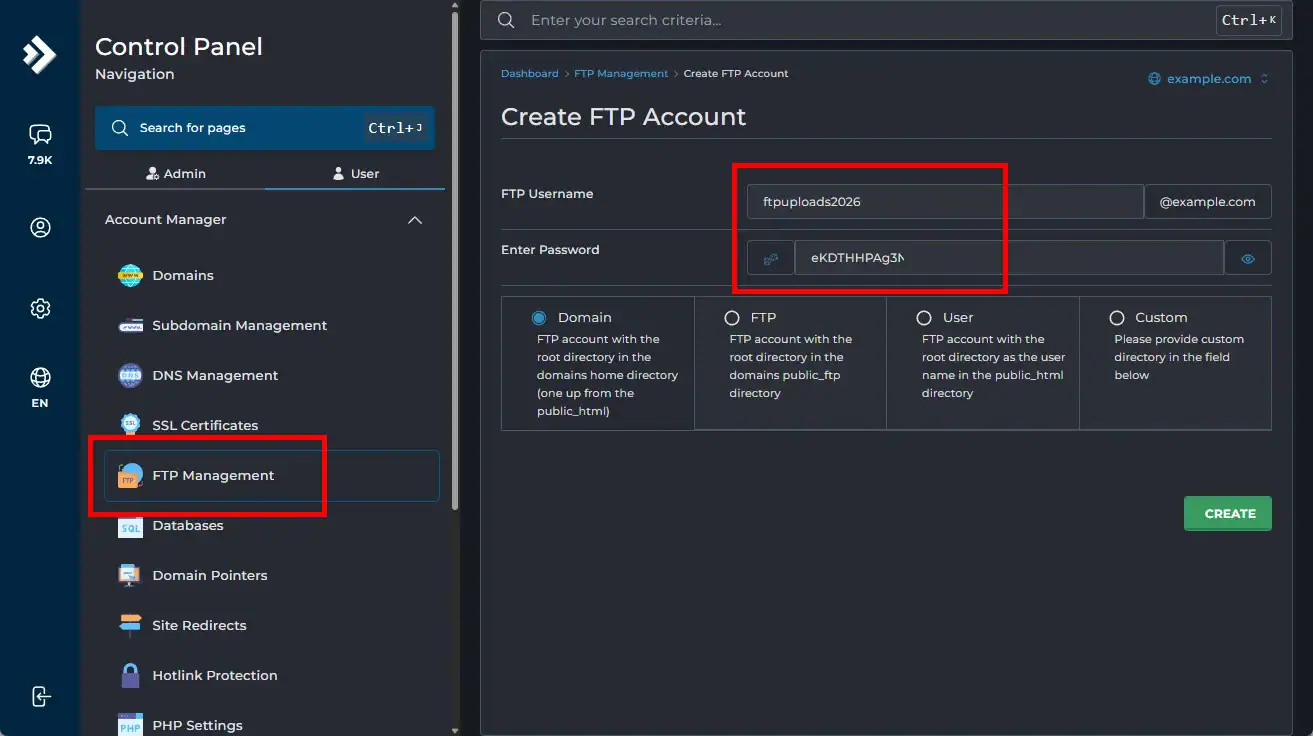 Create FTP Account interface in hosting control panel with red boxes highlighting the FTP Username and Password input fields.