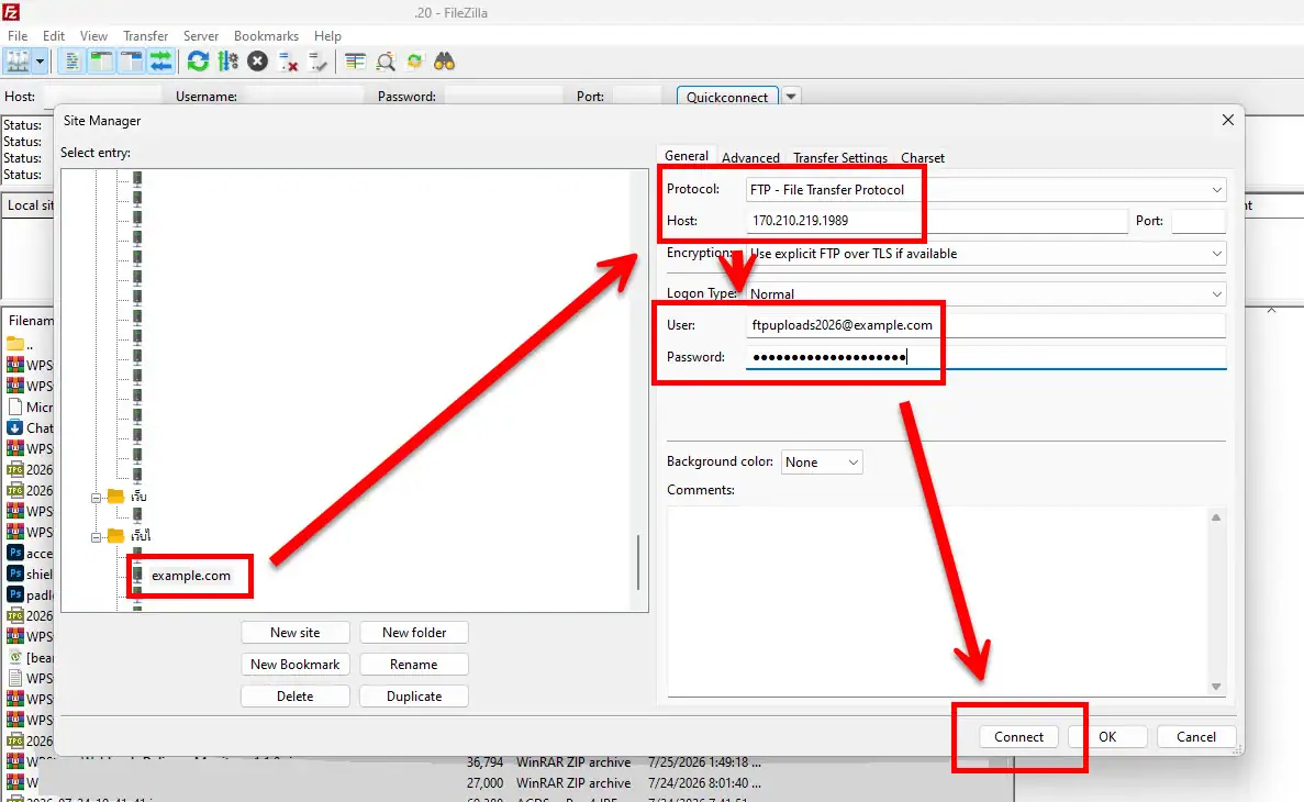 FileZilla Site Manager window showing Host IP, User, Password settings, and a red arrow pointing to the Connect button.