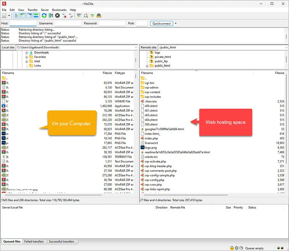 FileZilla FTP client interface split into two main panels: the left side displaying local files with an orange 'On your Computer' label, and the right side displaying remote server files with a red 'Web hosting space' label showing a WordPress installation directory.