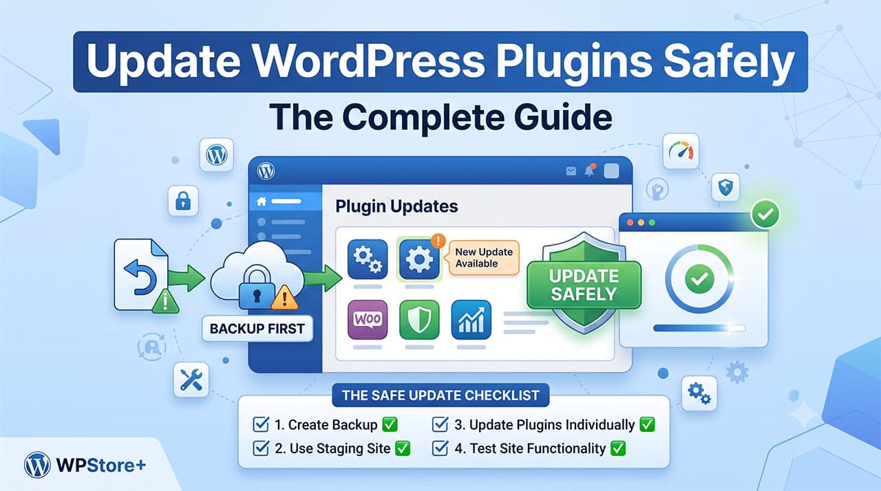 Illustration showing a step-by-step checklist to safely update WordPress plugins, including creating backups, using staging sites, and testing functionality.