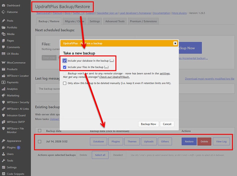 Using the UpdraftPlus plugin to perform a complete WordPress site backup, including database and files, before safely updating plugins.