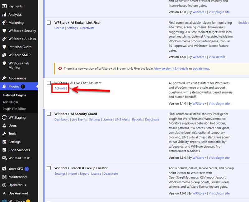 Clicking the activate link on the WordPress plugins page to enable a safely updated plugin after the installation process.