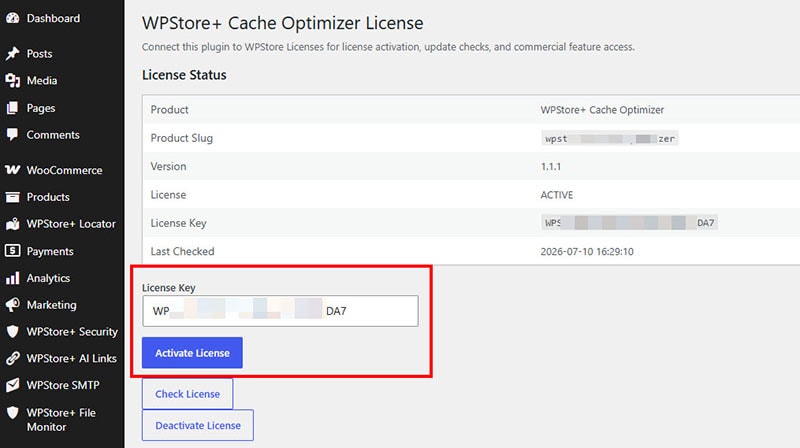 Screenshot of the WPStore+ Cache Optimizer license status page showing the License Key field and the Activate License button highlighted in a red box.