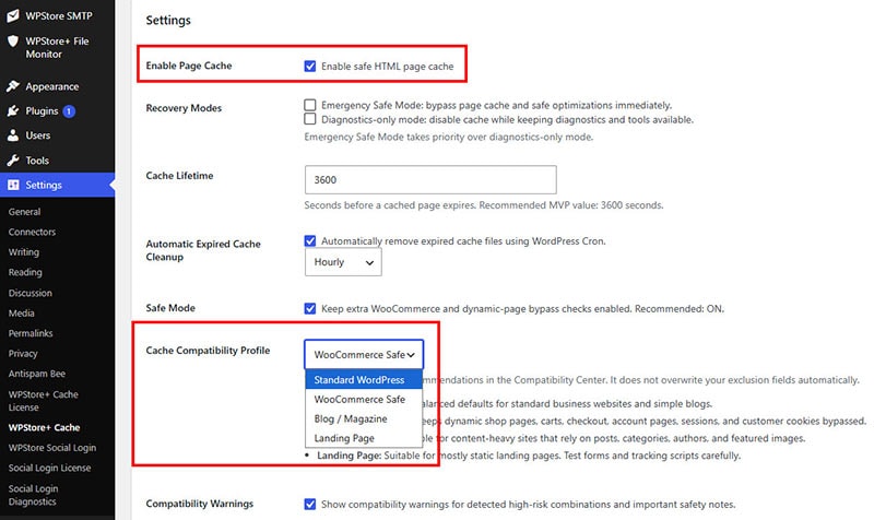 WordPress dashboard menu showing the Enable safe HTML page cache option and the Cache Compatibility Profile dropdown list with WooCommerce Safe selected.