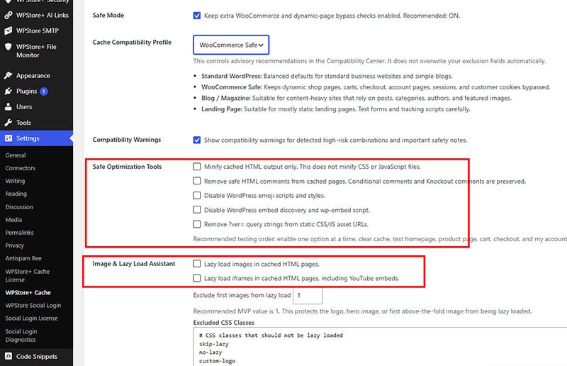 Advanced optimization settings in WordPress featuring the Safe Optimization Tools checkboxes and the Image & Lazy Load Assistant settings highlighted in red boxes.