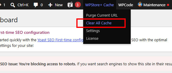 WordPress admin top bar showing the WPStore+ Cache dropdown menu with the Clear All Cache option highlighted in a red box.