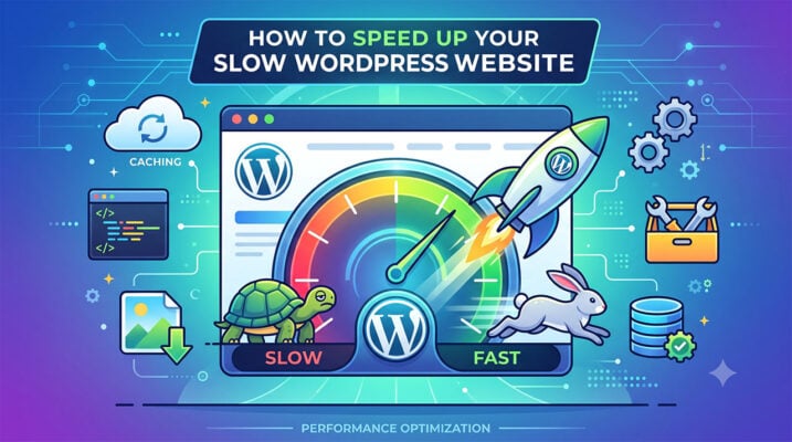 A digital illustration of a WordPress dashboard featuring a performance speedometer, a launching rocket, and optimization icons like caching and databases, demonstrating how to speed up a slow WordPress website.
