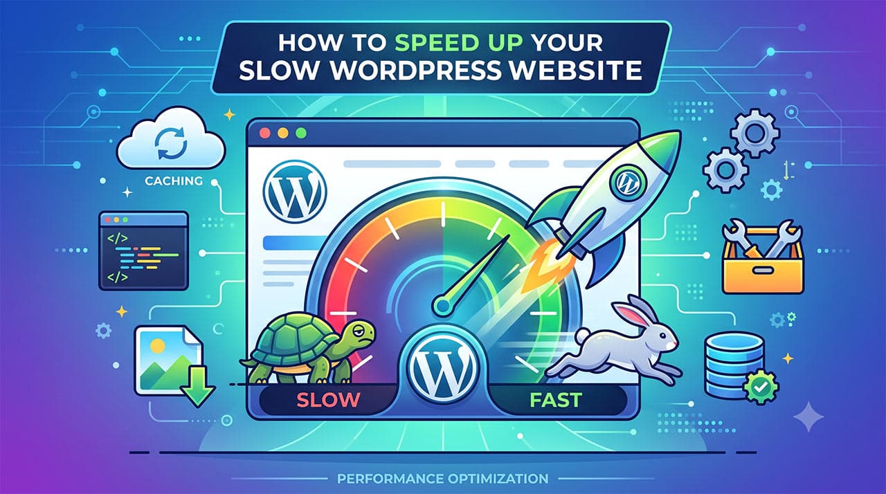 A digital illustration of a WordPress dashboard featuring a performance speedometer, a launching rocket, and optimization icons like caching and databases, demonstrating how to speed up a slow WordPress website.