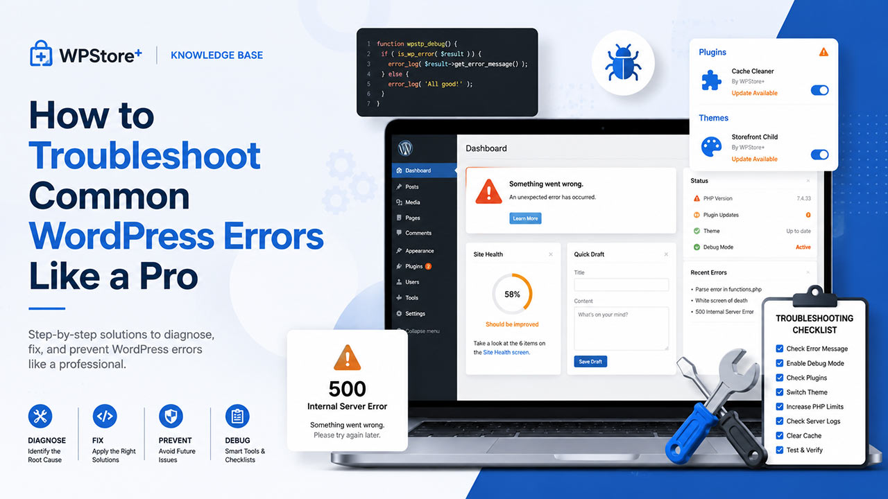 Illustration of a WordPress dashboard with error warnings, debug tools, plugin checks, and a troubleshooting checklist for fixing common WordPress errors.