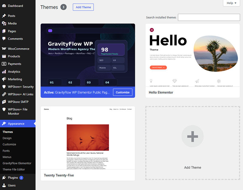 Screenshot of the WordPress Themes page showing the active theme and installed themes used to check possible theme conflicts during WordPress troubleshooting.