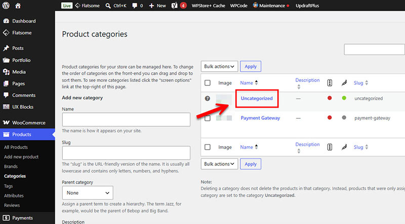 The WooCommerce Product Categories management page shows that Uncategorized categories cannot be deleted because they are still the default categories, highlighted in red with a border around the category name.