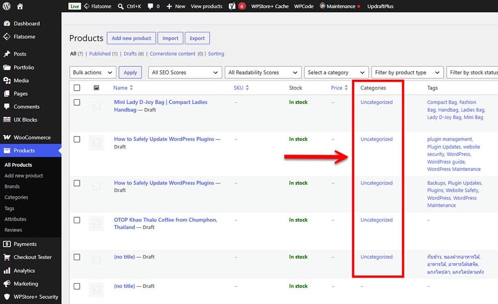 The Products management page in WooCommerce, with a red highlight in the Categories column to show a preview of several products categorized as Uncategorized.