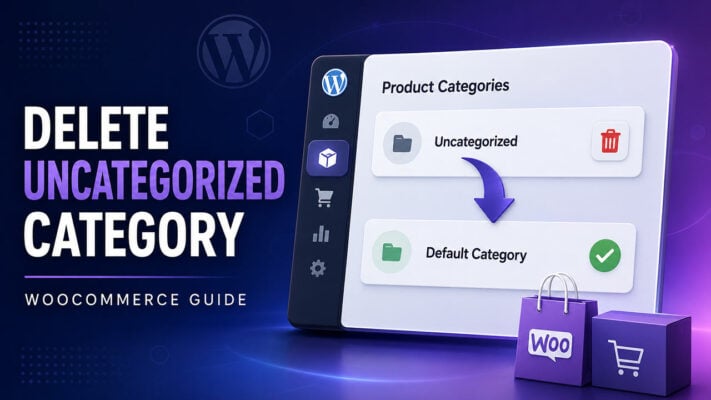 WooCommerce product category screen showing Uncategorized being replaced with a new default category before deletion.
