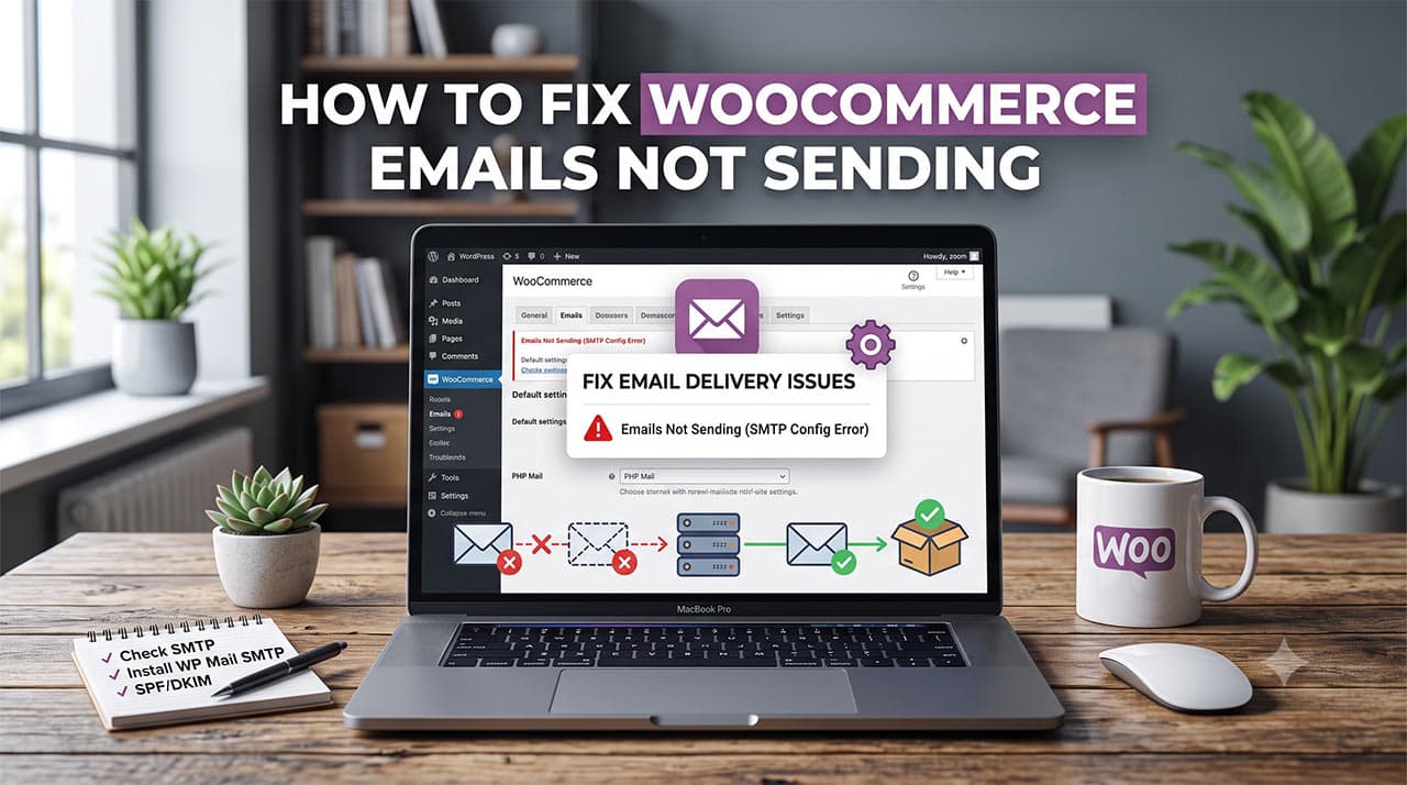 A laptop displaying a WooCommerce settings dashboard with an 'Emails Not Sending' error message and an SMTP email delivery flowchart, illustrating how to fix WooCommerce email delivery issues.