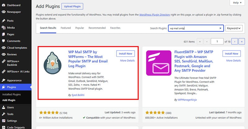 A screenshot of the WordPress 'Add Plugins' dashboard. The search bar at the top contains the query 'wp mail smtp'. A bold red rectangle highlights the search result for the plugin titled "WP Mail SMTP by WPForms – The Most Popular SMTP and Email Log Plugin," which displays an owl icon, the full plugin name, and an "Install Now" button. Other plugin cards are partially visible.